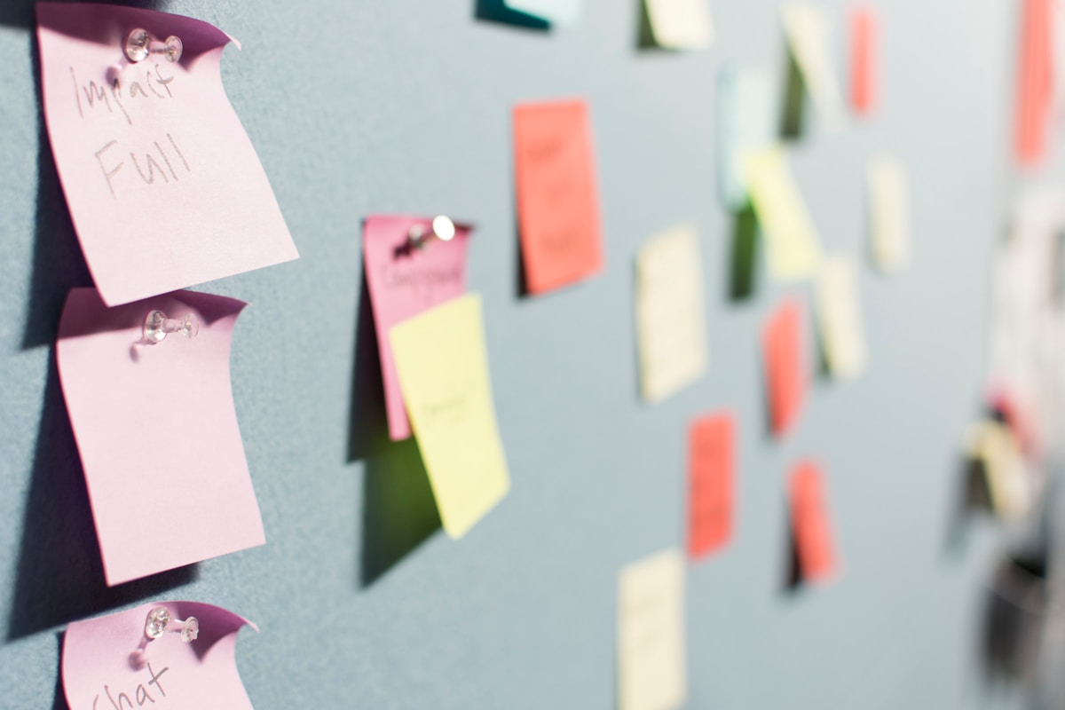 Campaign planning board covered in sticky notes